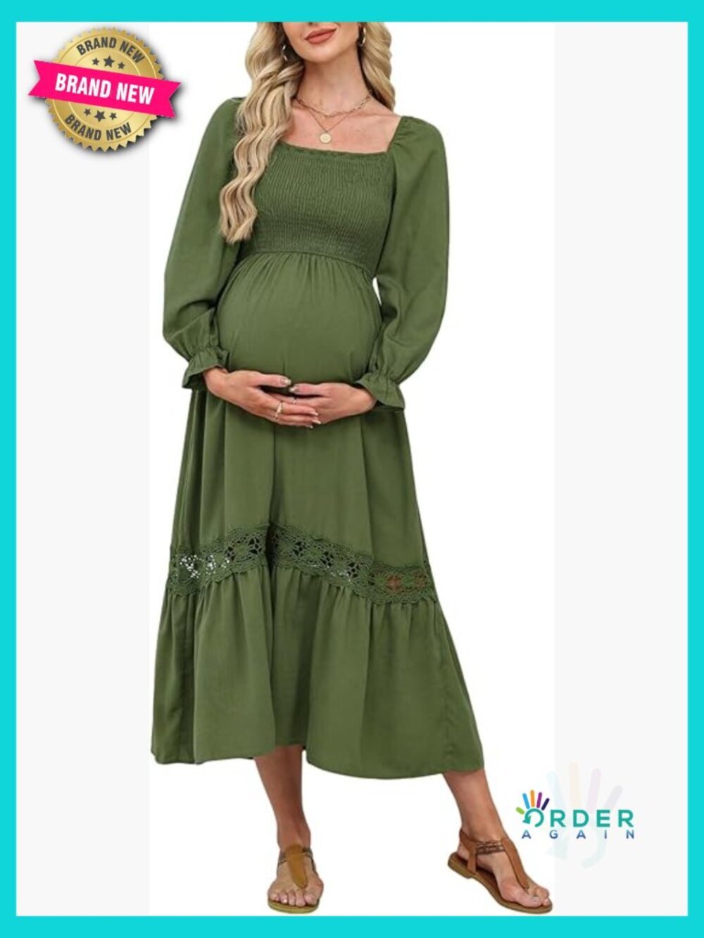 Square Neck Smocked Maxi Dress Long Sleeve Ruffled Nursing Maternity